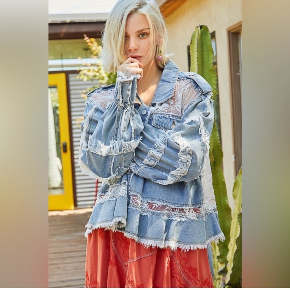 NWOT POL Lace Ruffle Trim Denim Shacket Size Small - Picture 5 of 16